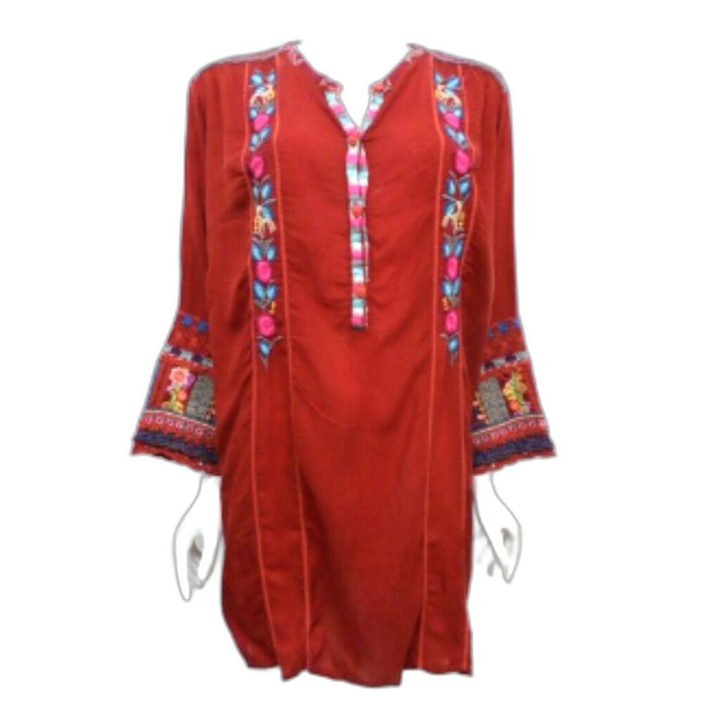 JOHNNY WAS 3x RED Tunic Embroidered Cupra - long sleeve Shirt Blouse Top HOLIDAY